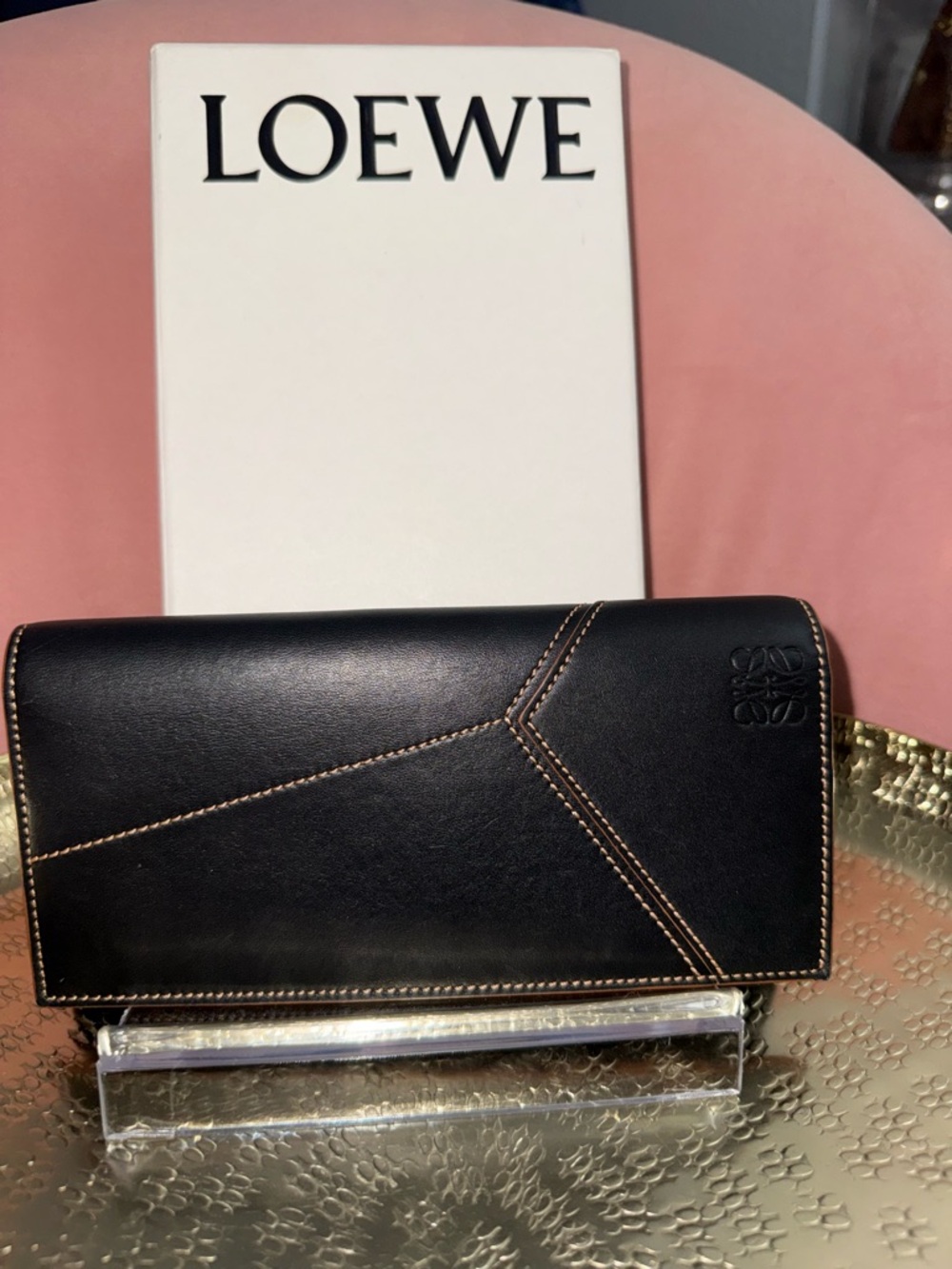 Loewe Black Leather Long Wallet with Contrast Stitching